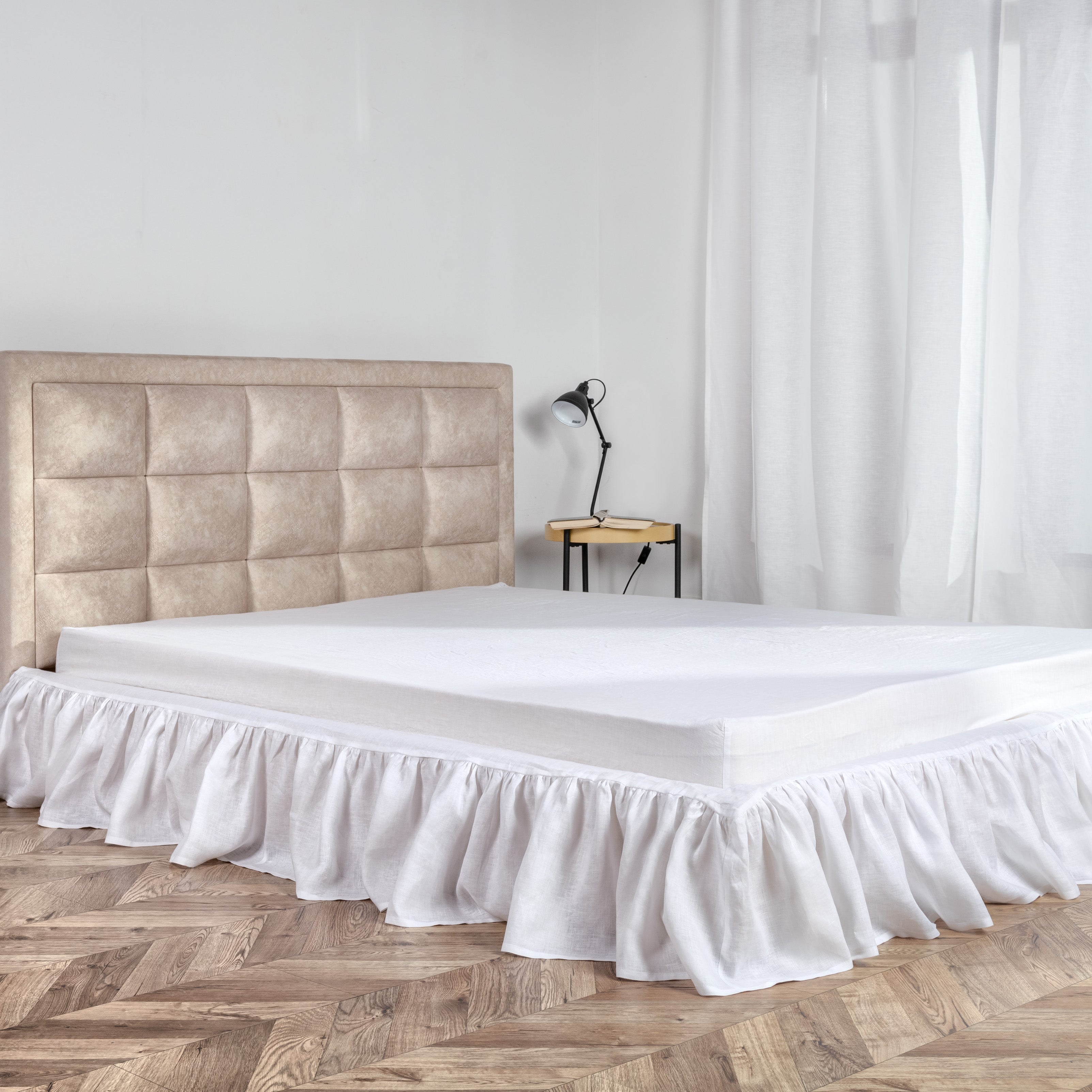 White Linen Bed Skirt with Gathered Ruffles and Cotton Decking King,