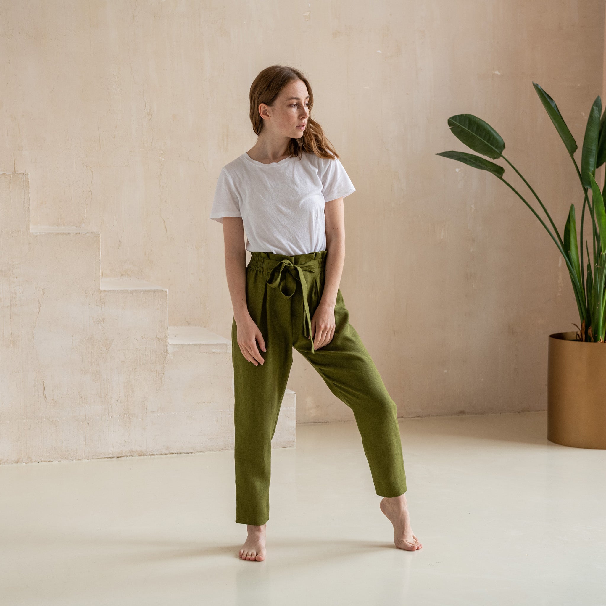 Trendy Olive Green Paperbag Pants - Boutique Work Attire – Shop