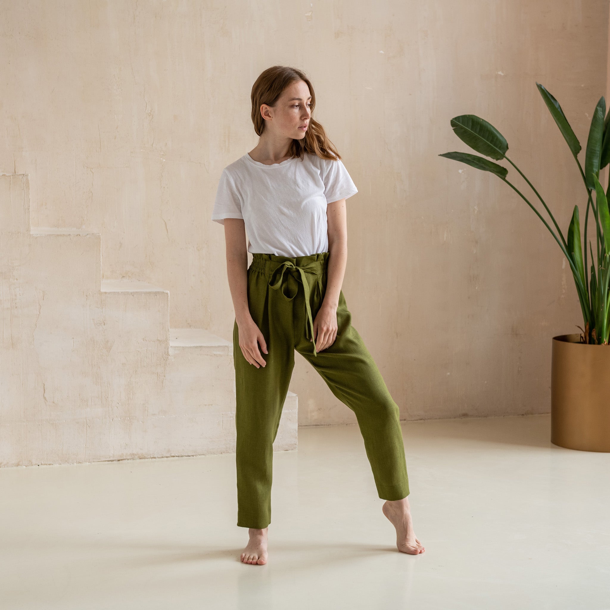 Paper Bag High-Waisted Linen Pants Available in Various Colors