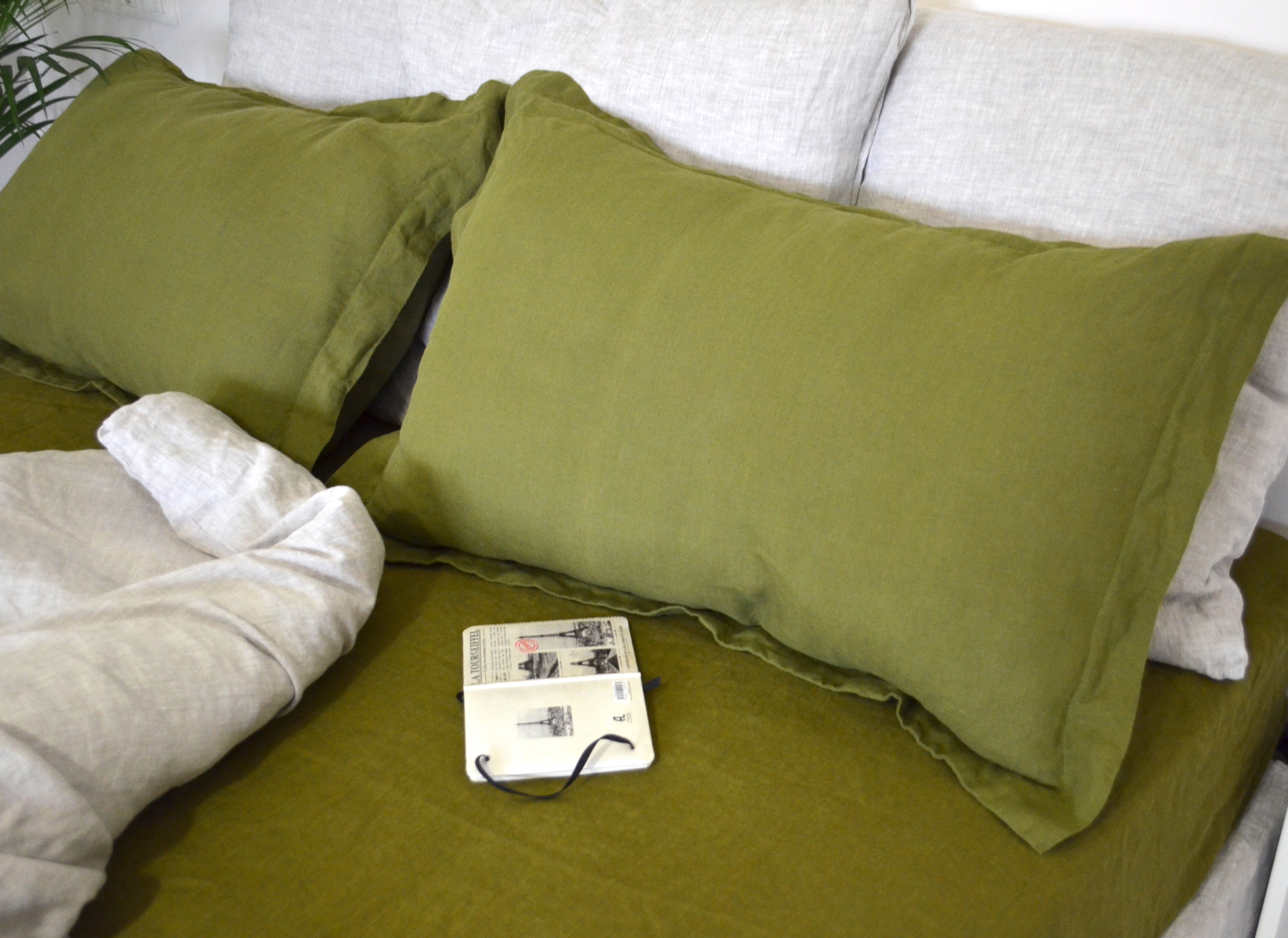 Linen Pillow Sham with Flanged Edge Flax Pillow Cover in Moss Green,