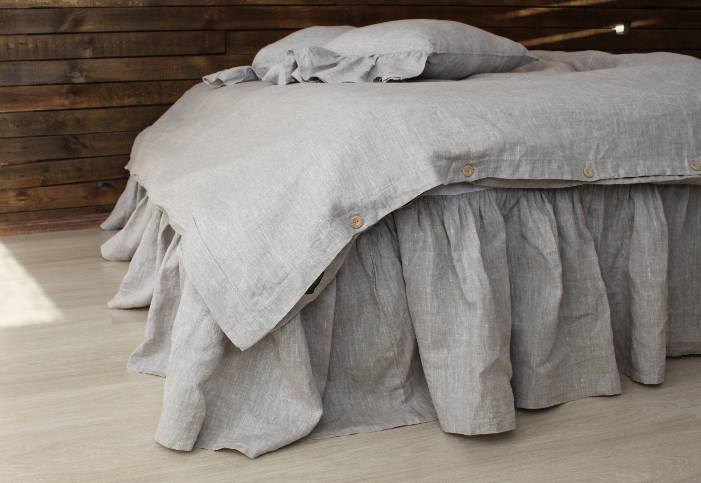 Linen Bed Skirt with Gathered Ruffles and Cotton Decking - in Gray, Green,  White and more color options - Various Mattress Sizes and Drop