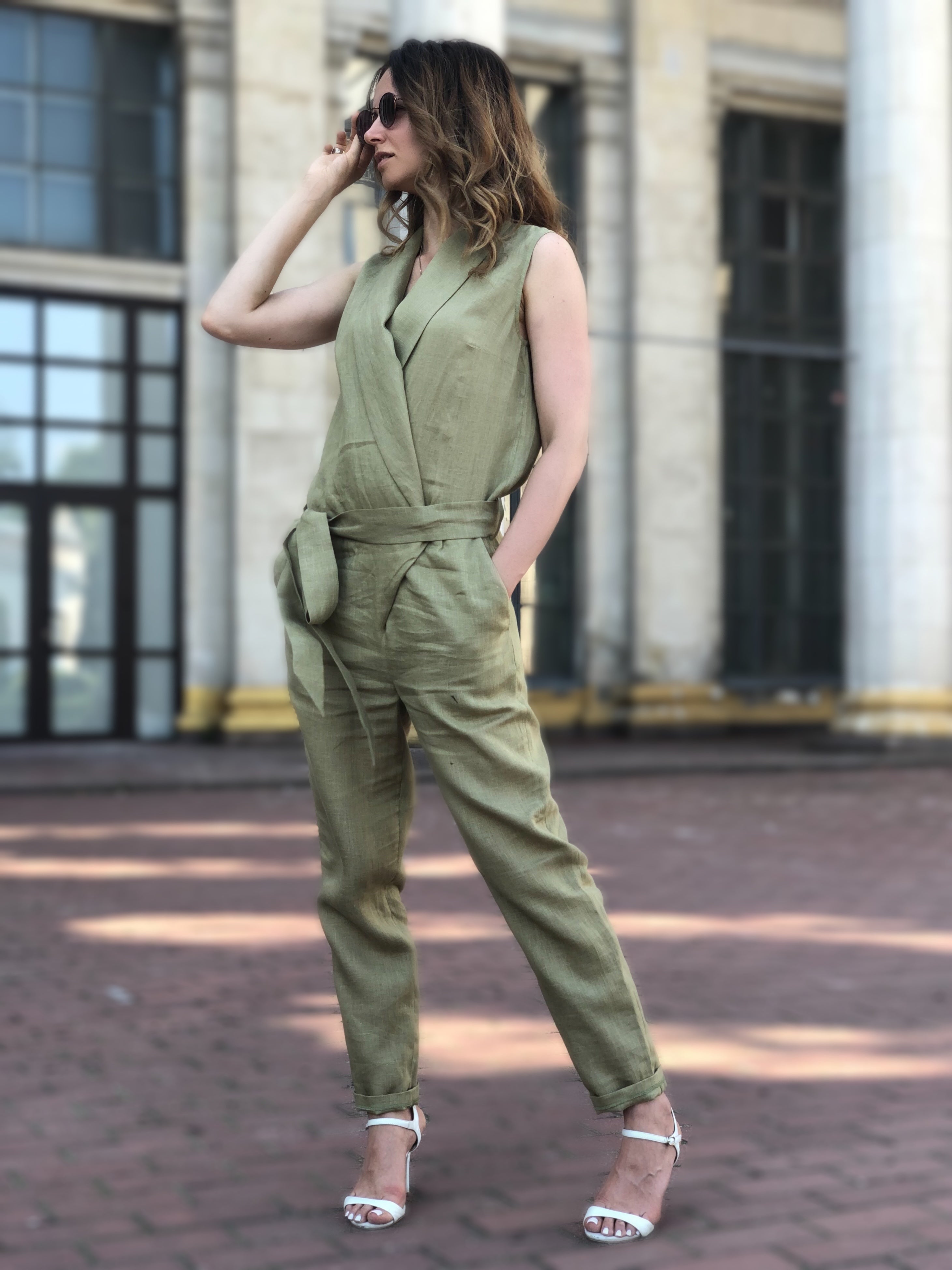 Casual Linen Jumpsuit - Linen Romper with Belt - Loose Linen Overall XXS Casual Linen Jumpsuit - Linen Romper with Belt - Loose Linen Overall XXS