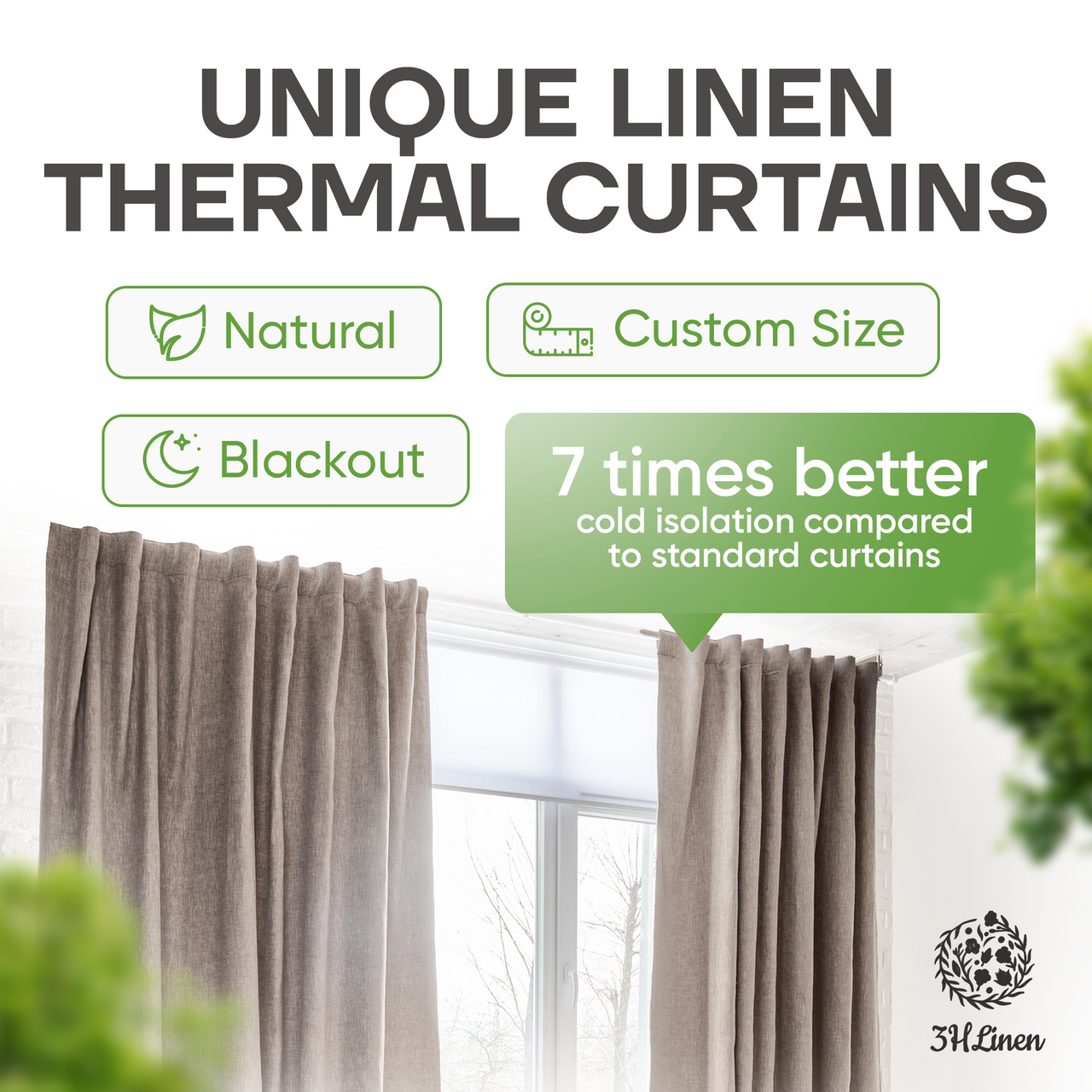 Linen Blackout Curtains with Trermal Lining, Color: Natural