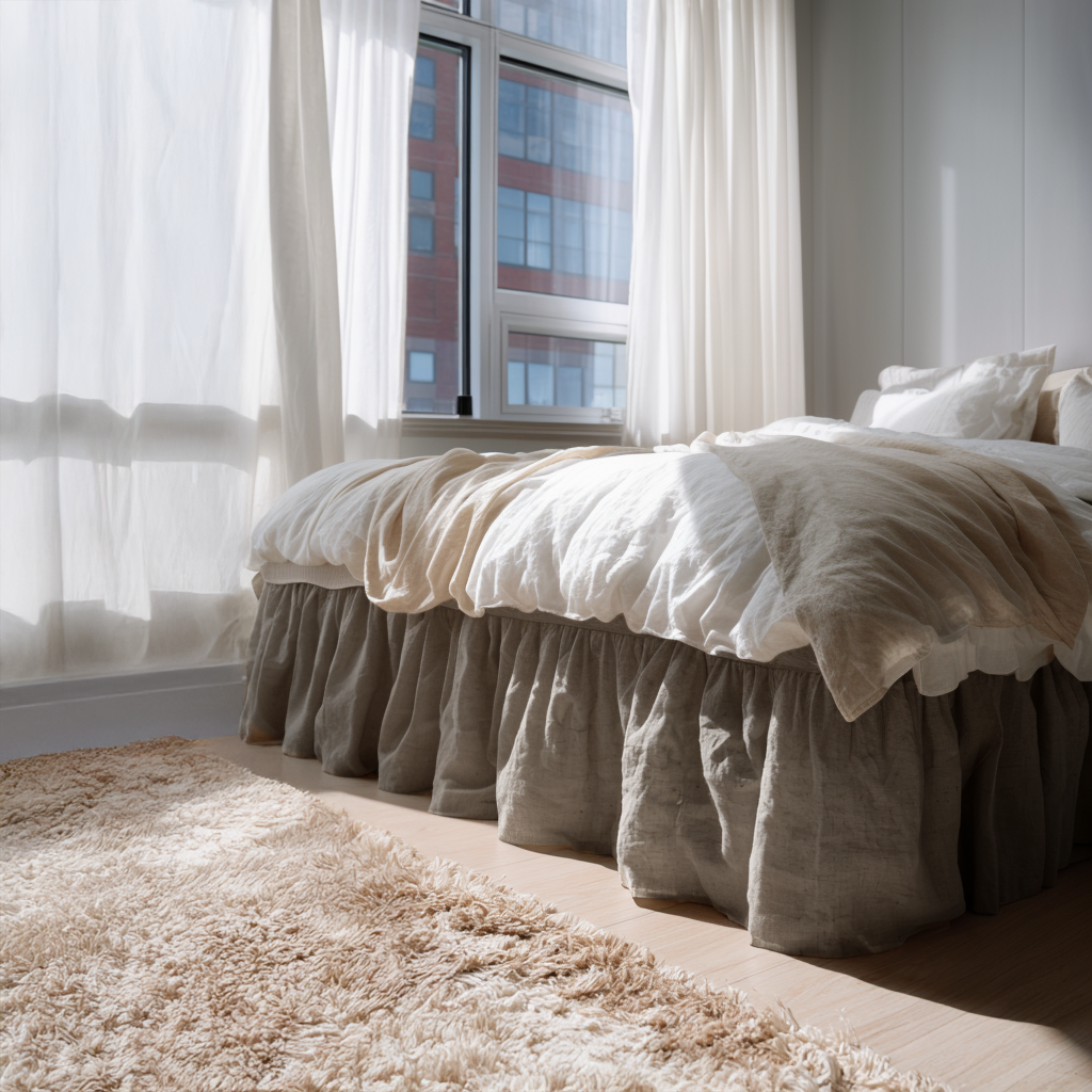 Natural Heavy Weight Linen Bed Skirt with Gathered Ruffles