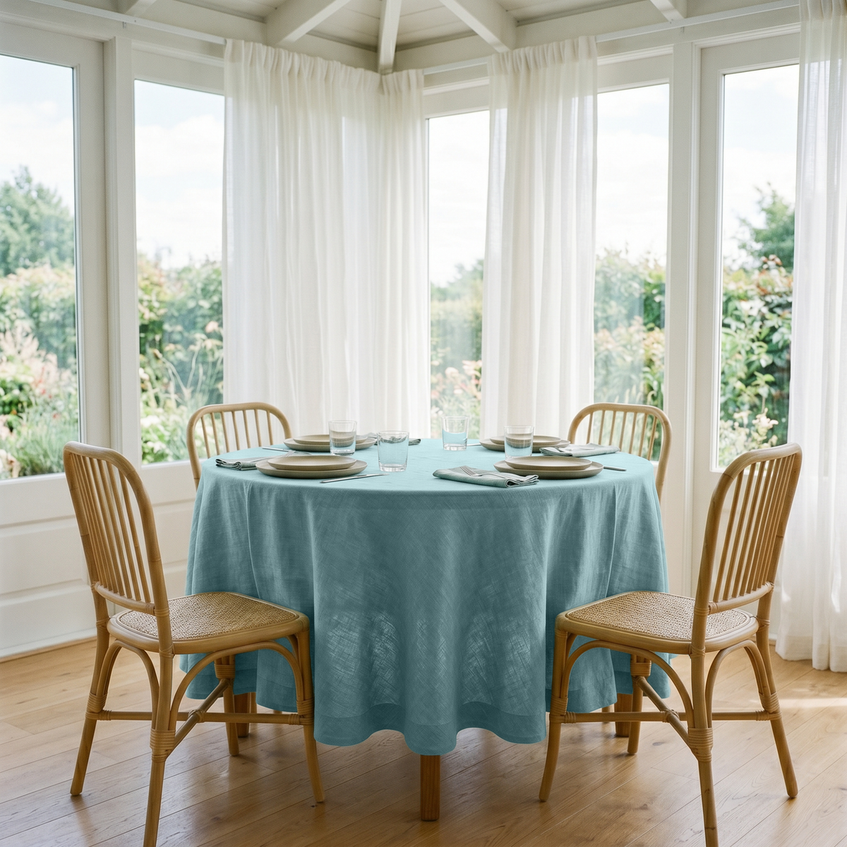 Aquamarine Blue Linen 60 Inch Round Tablecloth in a Bright Sunroom Dining Space with White Walls and Natural Rattan Chairs