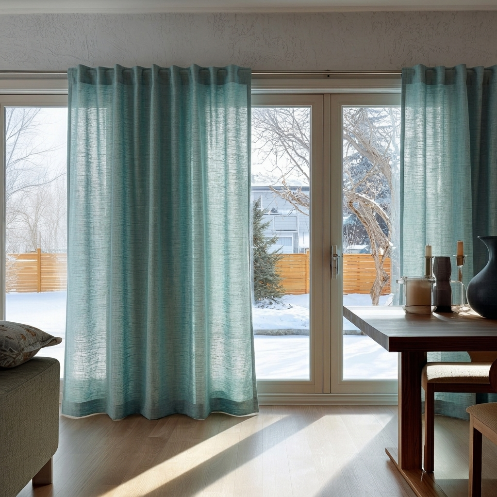 Aquamarine Blue Linen Back Tab Curtains for Sliding Doors in a Dining Room with Grey Walls