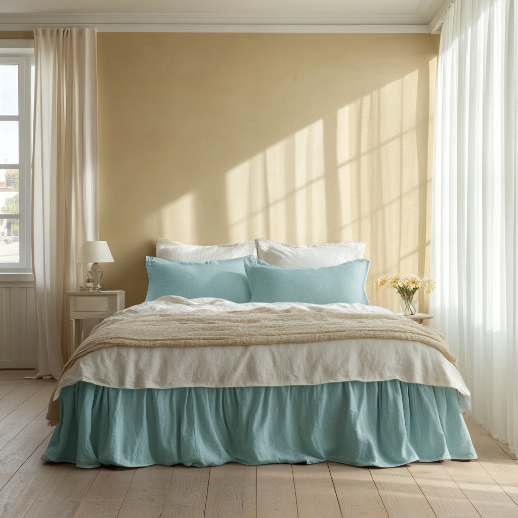 Aquamarine Blue Linen Bed Skirt with Gathered Ruffles