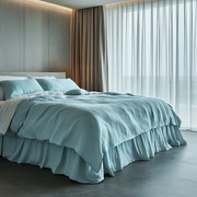 Aquamarine Blue Linen Bed Skirt with Gathered Ruffles