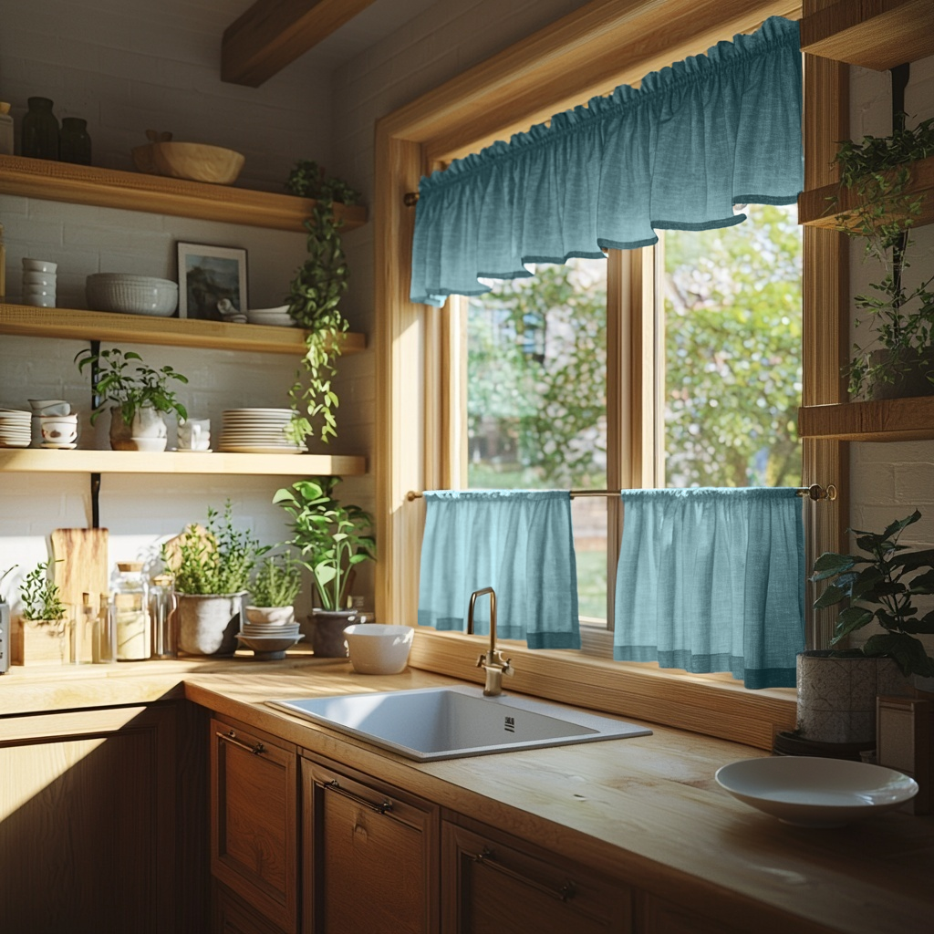 Aquamarine Blue Linen Cafe Curtains Valance Set