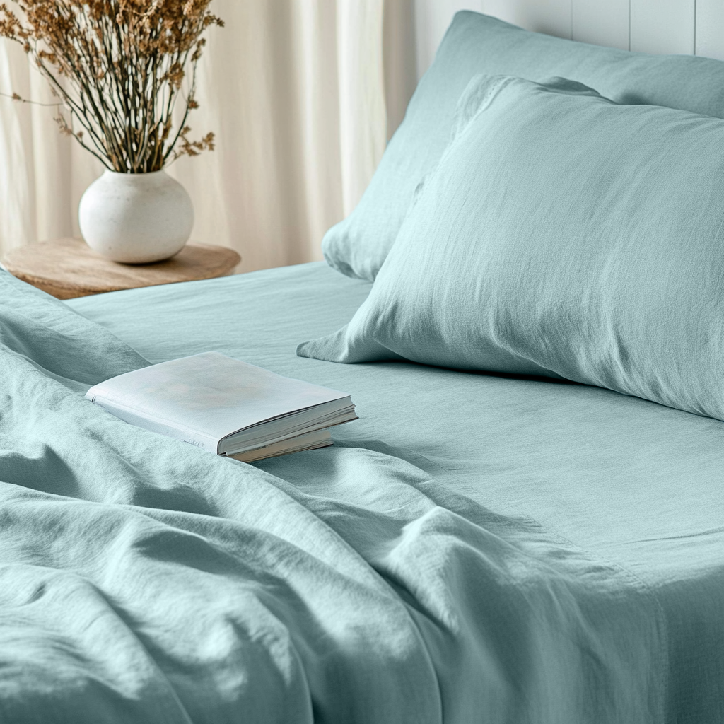 Aquamarine Blue Linen Flat Sheet - Close Up Photo