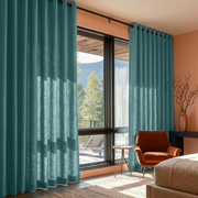 Aquamarine Blue Linen Grommet Bedroom Curtains in a Warm Contemporary Bedroom with Peachy Terracotta Walls and Sandy Beige Accents - Cotton Lining