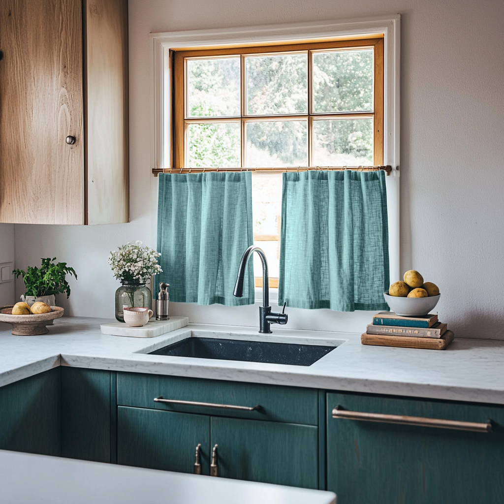 Aquamarine Linen Kitchen Curtains - S-Fold