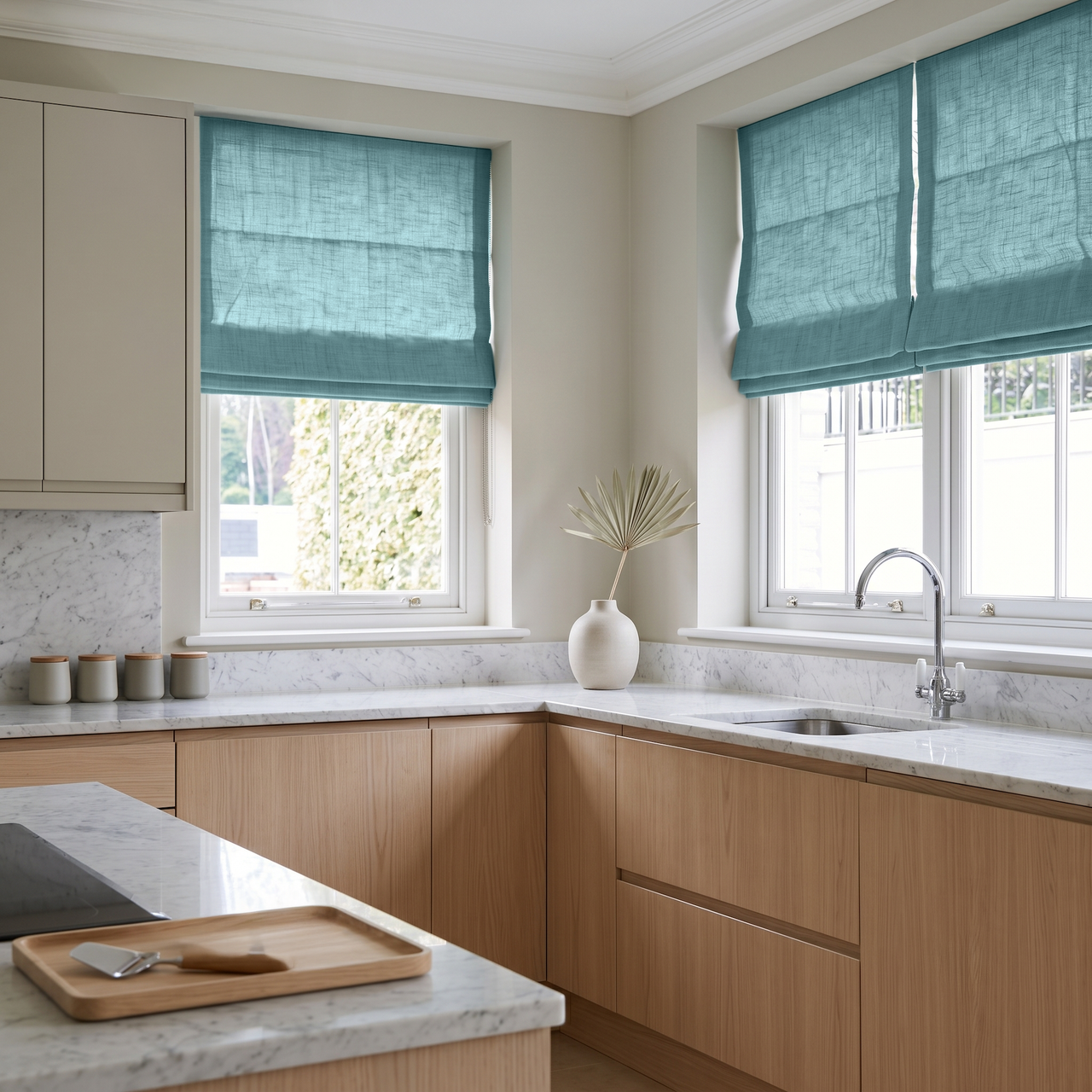 Aquamarine Blue Linen Roman Shades in a Bright Modern Kitchen with Light Wood Cabinetry