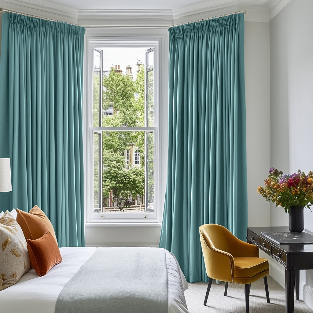 Aquamarine Blue Linen Pencil Pleat Curtains in a Crisp White Bedroom with Warm Mustard and Black Accents - Blackout Lining