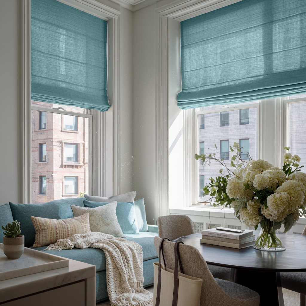 Aquamarine Linen Roman Shades