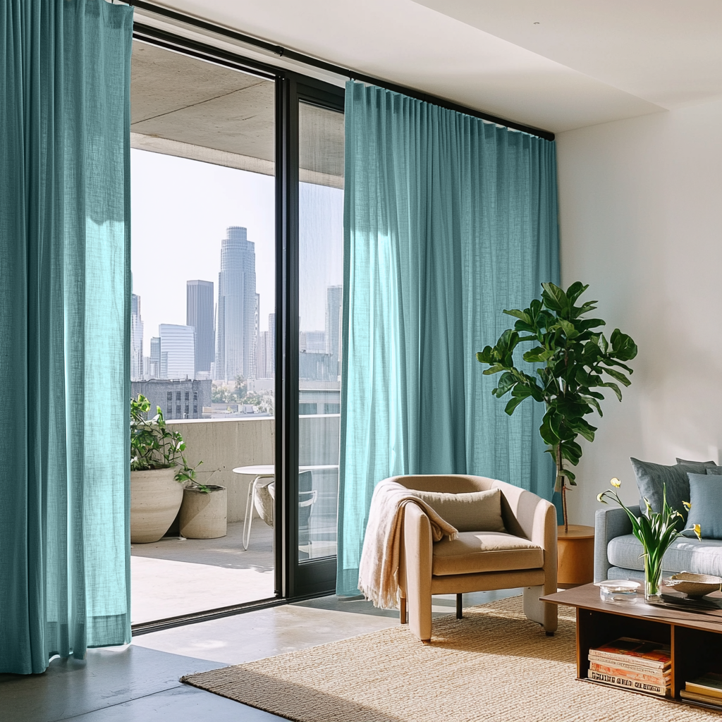 Aquamarine Blue Linen S-Fold Curtains for Sliding Doors in a Living Room with White Walls