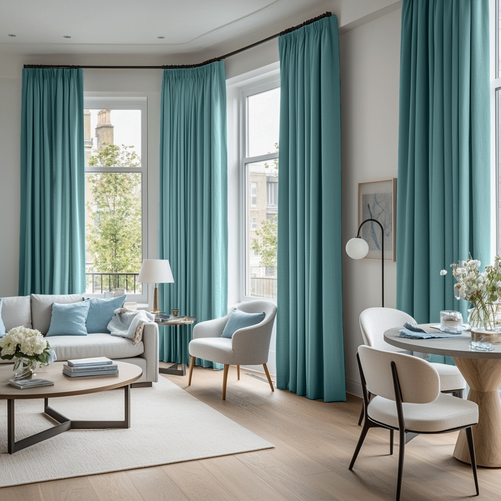 Aquamarine Blue Linen Thermal Pencil Pleat Curtains