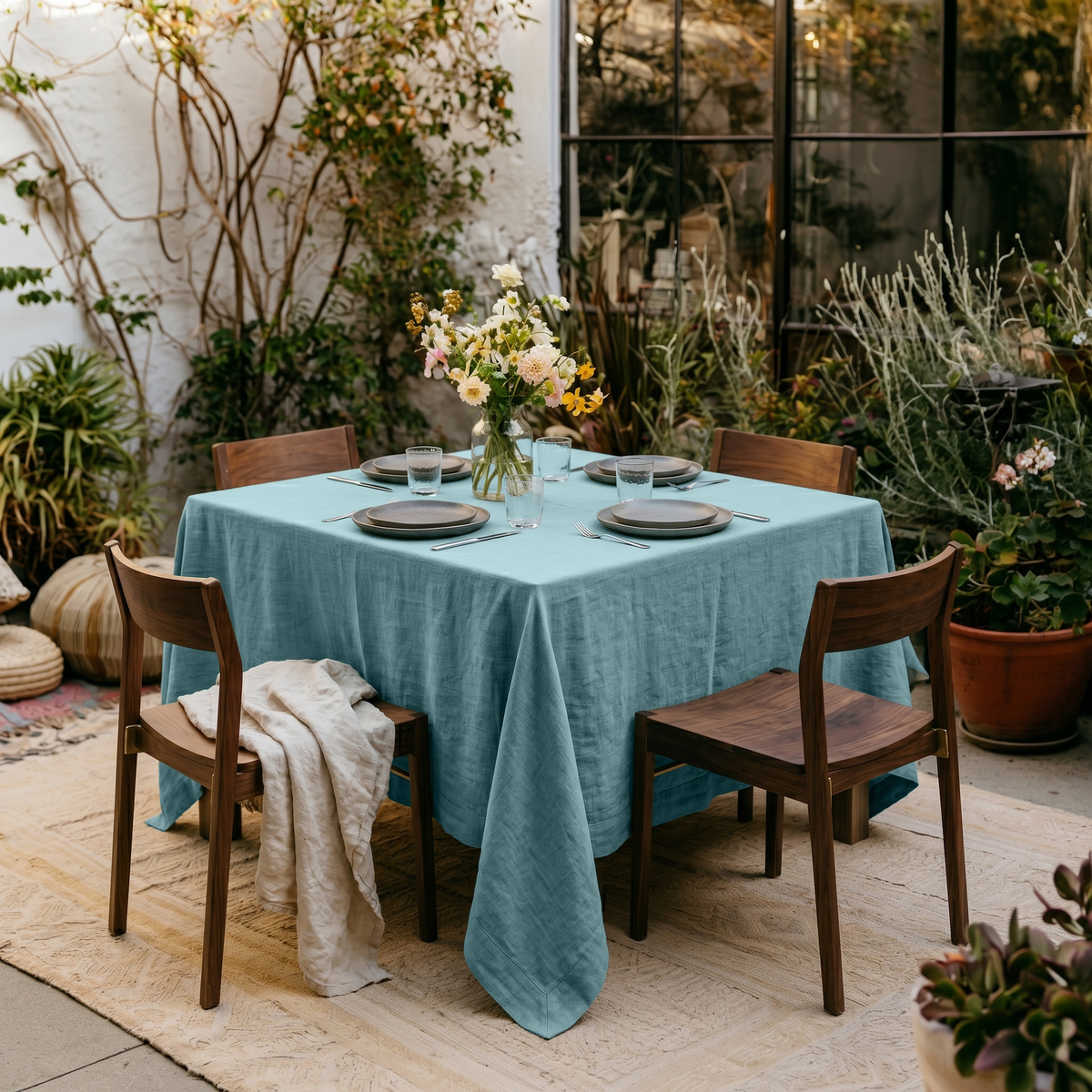 Aquamarine Blue Square Linen Tablecloth on a Cozy Garden Patio with Wood Chairs