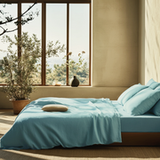 Aquamarine Light Blue Washed Linen Deep Pocket Fitted Sheet Set -