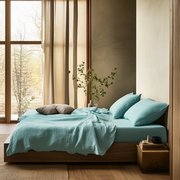 Aquamarine Light Blue Washed Linen Deep Pocket Fitted Sheet Set -