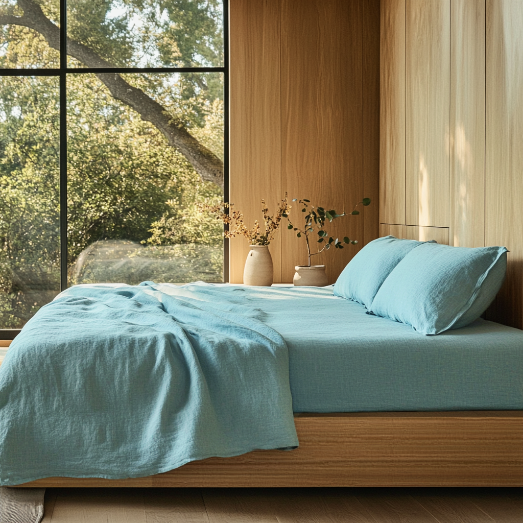 Aquamarine Light Blue Washed Linen Deep Pocket Fitted Sheet Set -