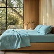 Aquamarine Light Blue Washed Linen Deep Pocket Fitted Sheet Set -