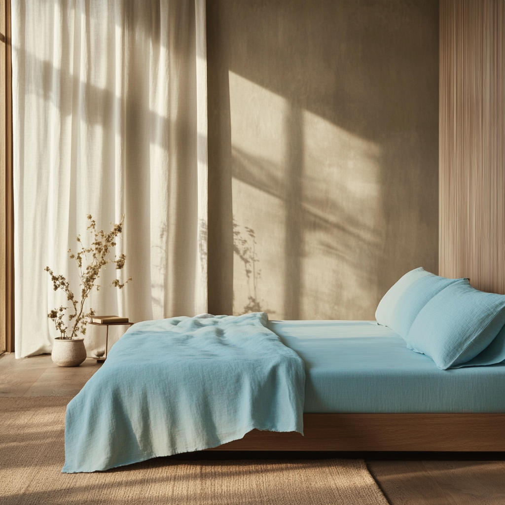 Aquamarine Light Blue Washed Linen Deep Pocket Fitted Sheet Set -