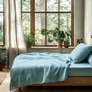 Aquamarine Light Blue Washed Linen Deep Pocket Fitted Sheet Set -