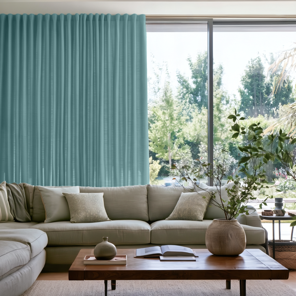 Aquamarine Linen Back Tab Extra Long Curtains in a Contemporary Living Room with Sectional Sofa