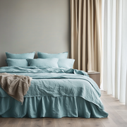 Aquamarine Blue Linen Bed Skirt with Gathered Ruffles