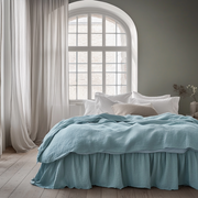 Aquamarine Blue Linen Bed Skirt with Gathered Ruffles