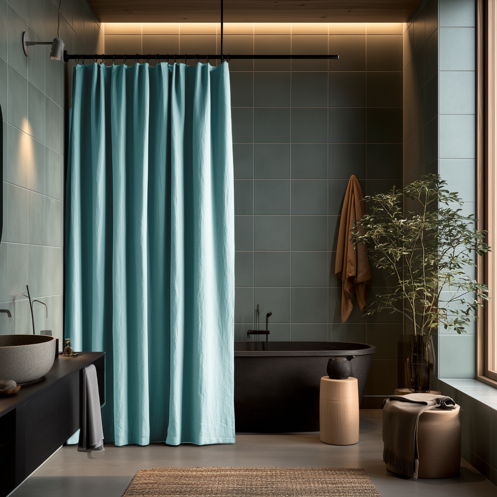 Aquamarine Linen Button-Hole Top Weighted Shower Curtain in a Modern Bathroom with Dark Green Tiled Walls