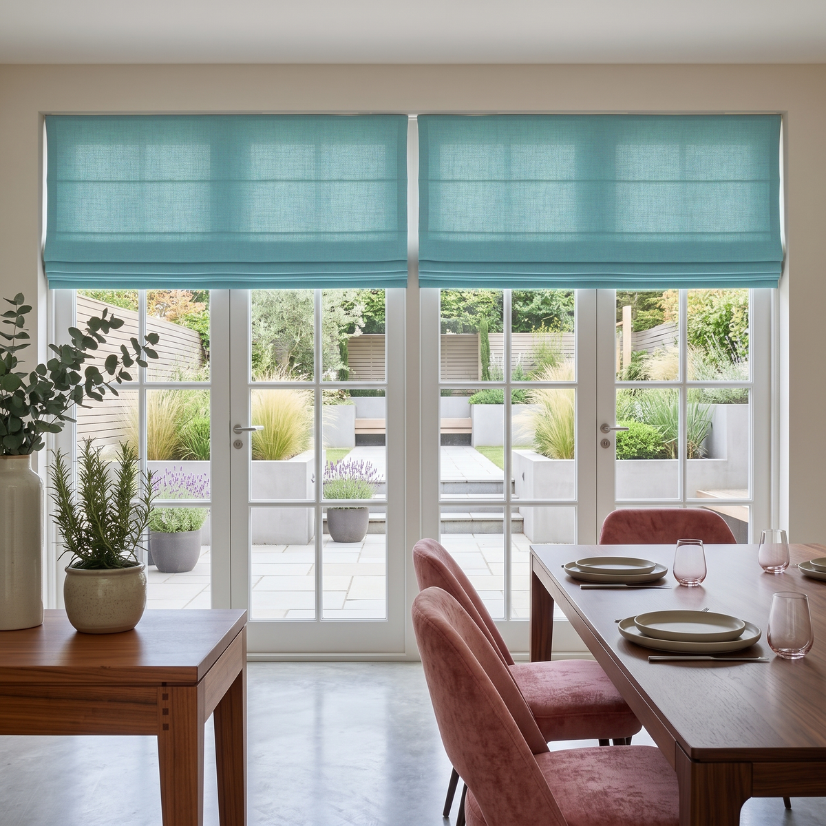 Aquamarine Roman Shades in a Modern Dining Room with Beige Walls, a Wooden Dining Table and Pink Velvet Chairs.
