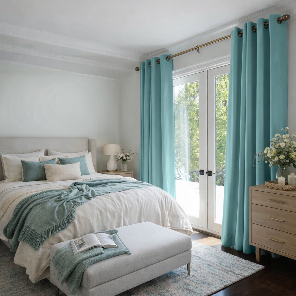 Aquamarine Linen Grommet Curtains - Blackout Lining