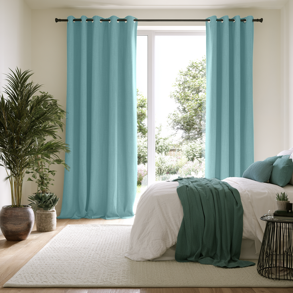 Aquamarine Linen Grommet Extra Long Curtains in a Modern Bedroom with White Bedding and Garden View