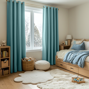 Aquamarine Linen Grommet Kids Room Curtains - Blackout Lining