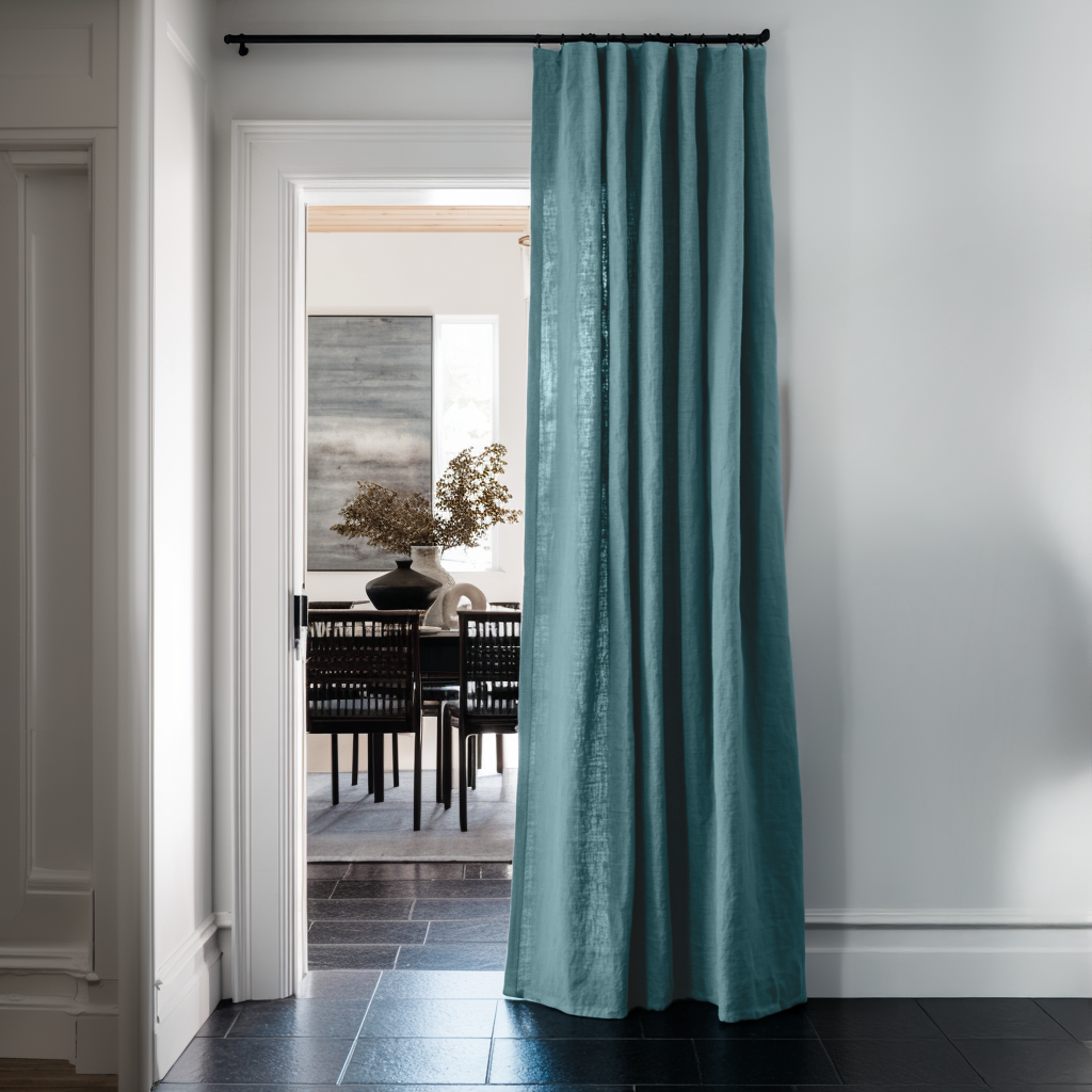 Aquamarine Blue Linen Doorway Curtains with Multitape