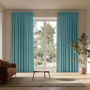 Aquamarine Linen Pencil Pleat Extra Long Curtains in a Modern Living Room with Sliding Glass Door