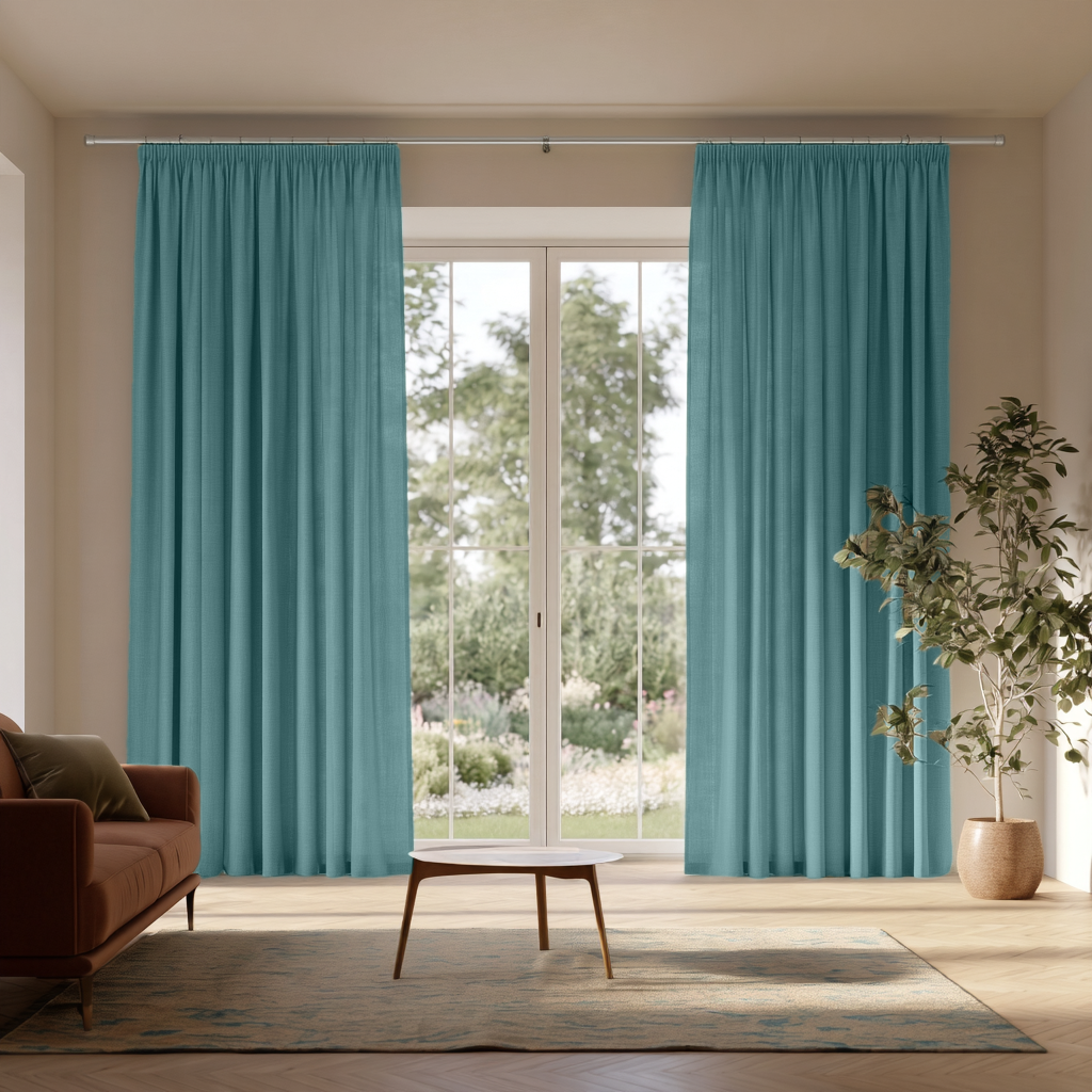 Aquamarine Linen Pencil Pleat Extra Long Curtains in a Modern Living Room with Sliding Glass Door