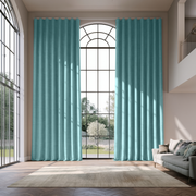 Aquamarine Linen S-Fold Extra Long Curtains in a Contemporary Living Room with Arched Window