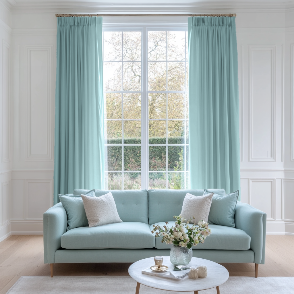 Aquamarine Light Blue Pencil Pleat Curtains - Cotton Lined