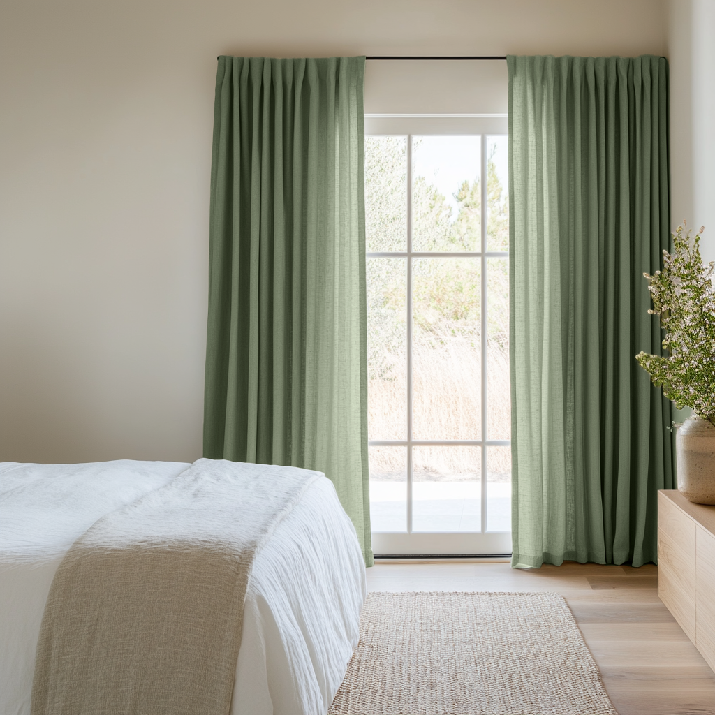 Asparagus Green Bedroom Curtains - Linen Curtain Panel With Back Tabs - Unlined, Cotton or Blackout Lining