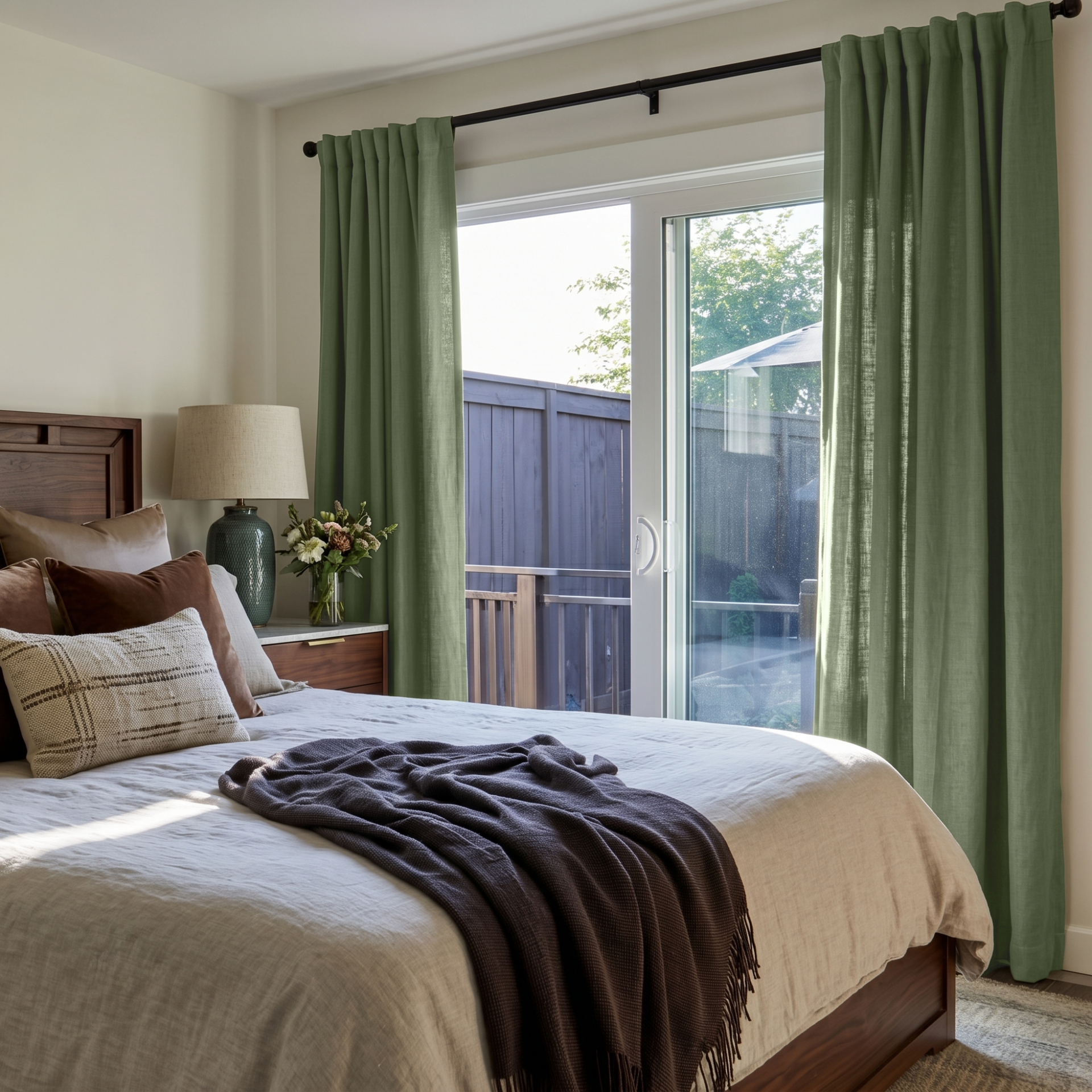 Asparagus Green Linen Back Tab Curtains for Sliding Door in a Cozy Bedroom with Cream Walls, Warm Wood Furniture, and Black Curtain Rod - Cotton Lining
@Heading: Back Tabs