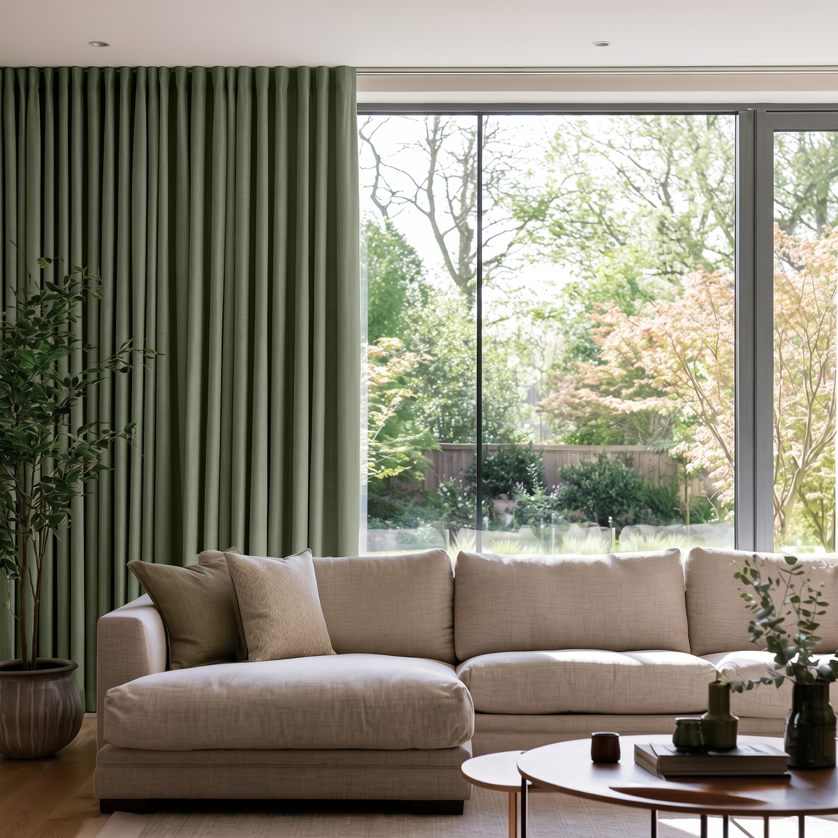 Asparagus Green Linen Back Tab Extra Long Curtains in a Modern Living Room with Sectional Sofa