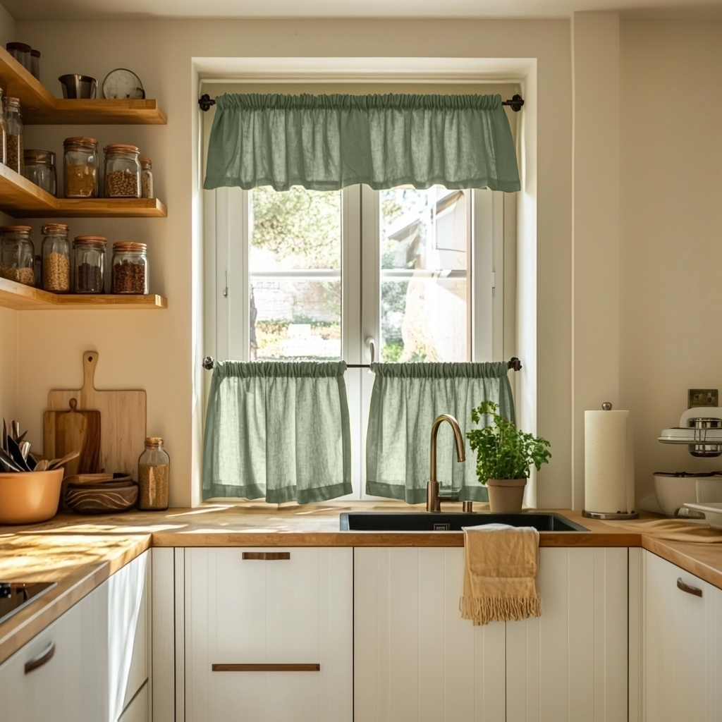 Asparagus Green Linen Cafe Curtains Valance Set