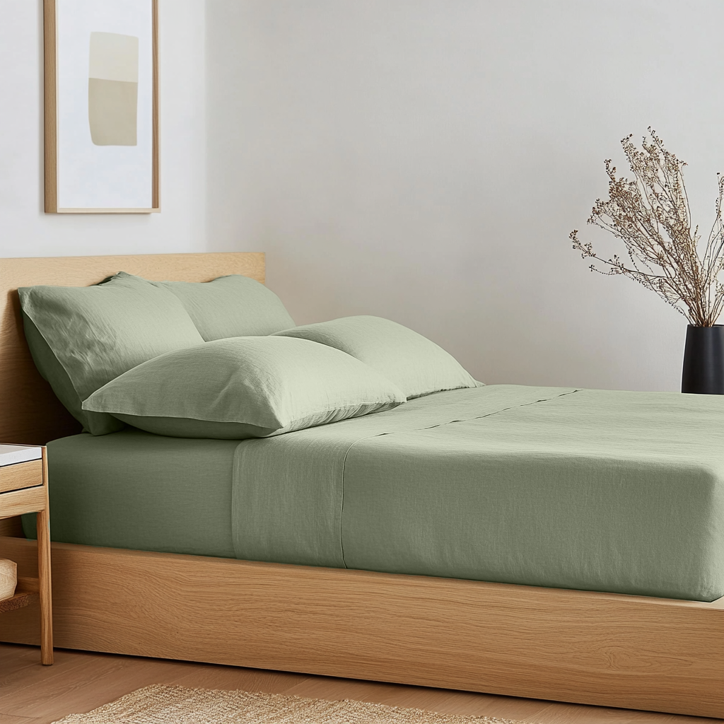 Asparagus Green Washed Linen Deep Pocket Fitted Sheet 