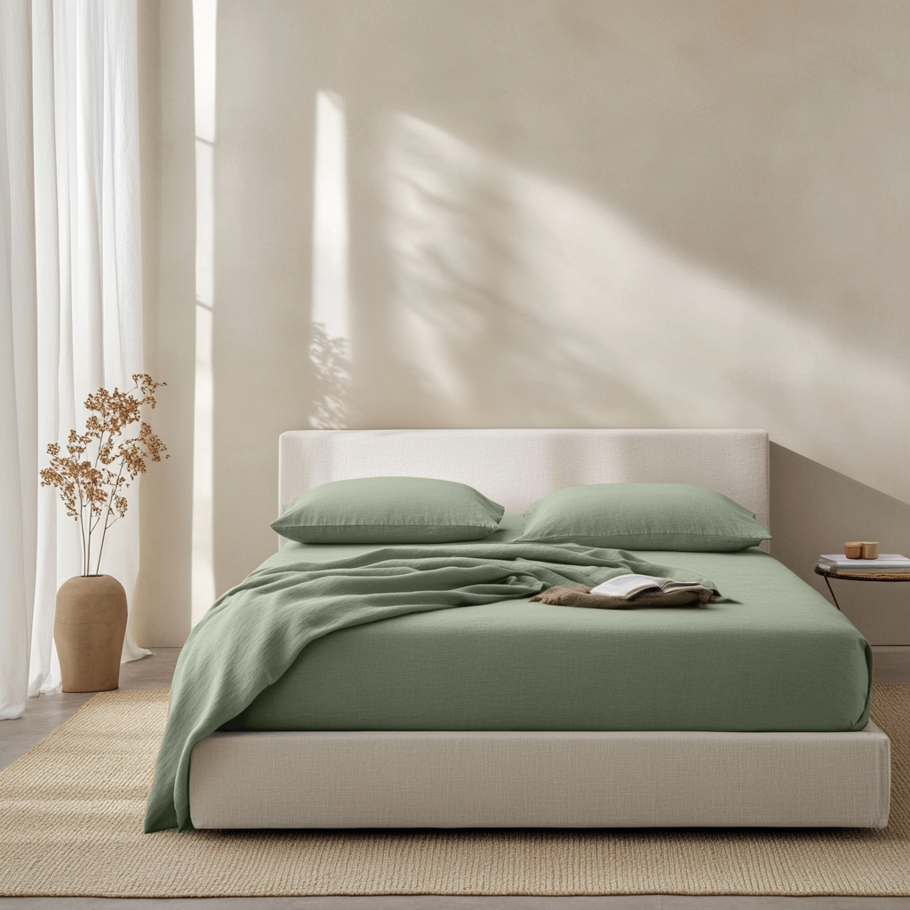 Asparagus Green Washed Linen Deep Pocket Fitted Sheet 