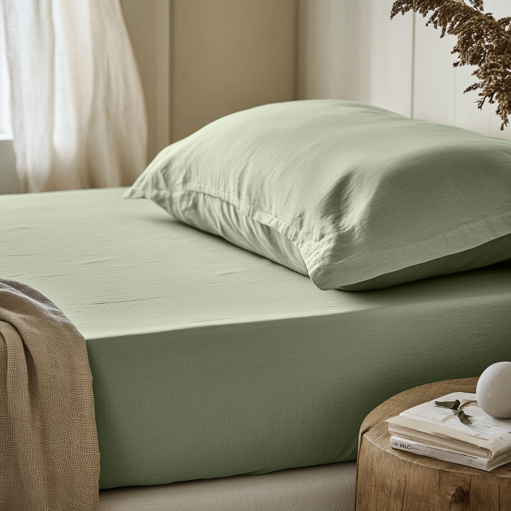 Asparagus Green Washed Linen Deep Pocket Fitted Sheet 