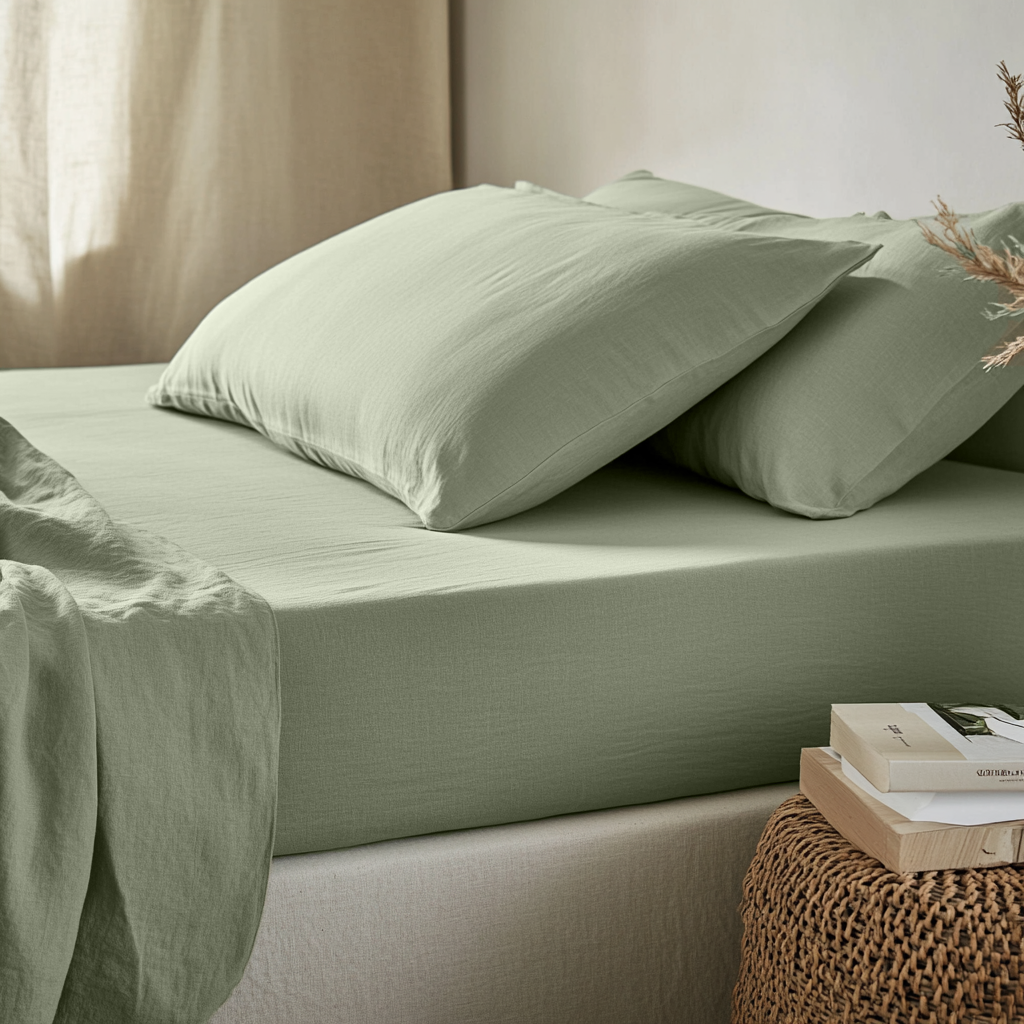 Asparagus Green Washed Linen Deep Pocket Fitted Sheet 