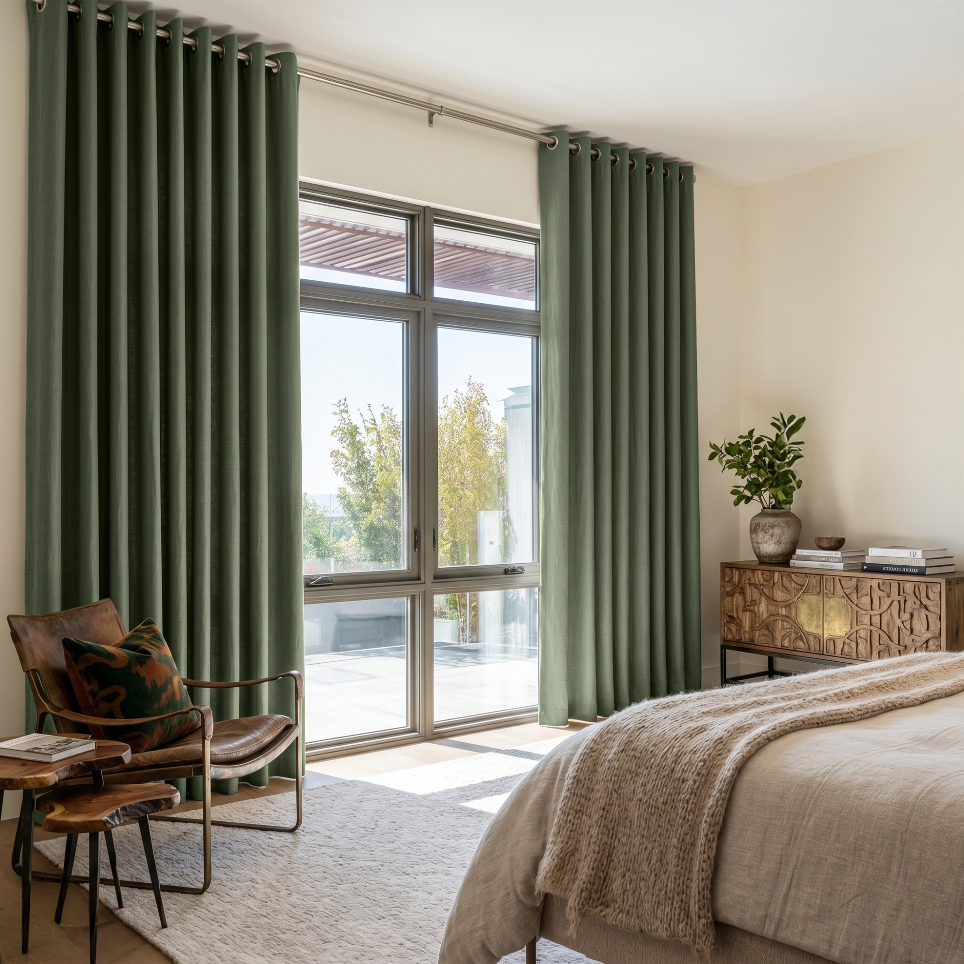 Asparagus Green Linen Grommet Bedroom Curtains in a Bright Neutral Bedroom with Creamy Beige Walls, Oatmeal Bedding and Rust Accents - Blackout Lining